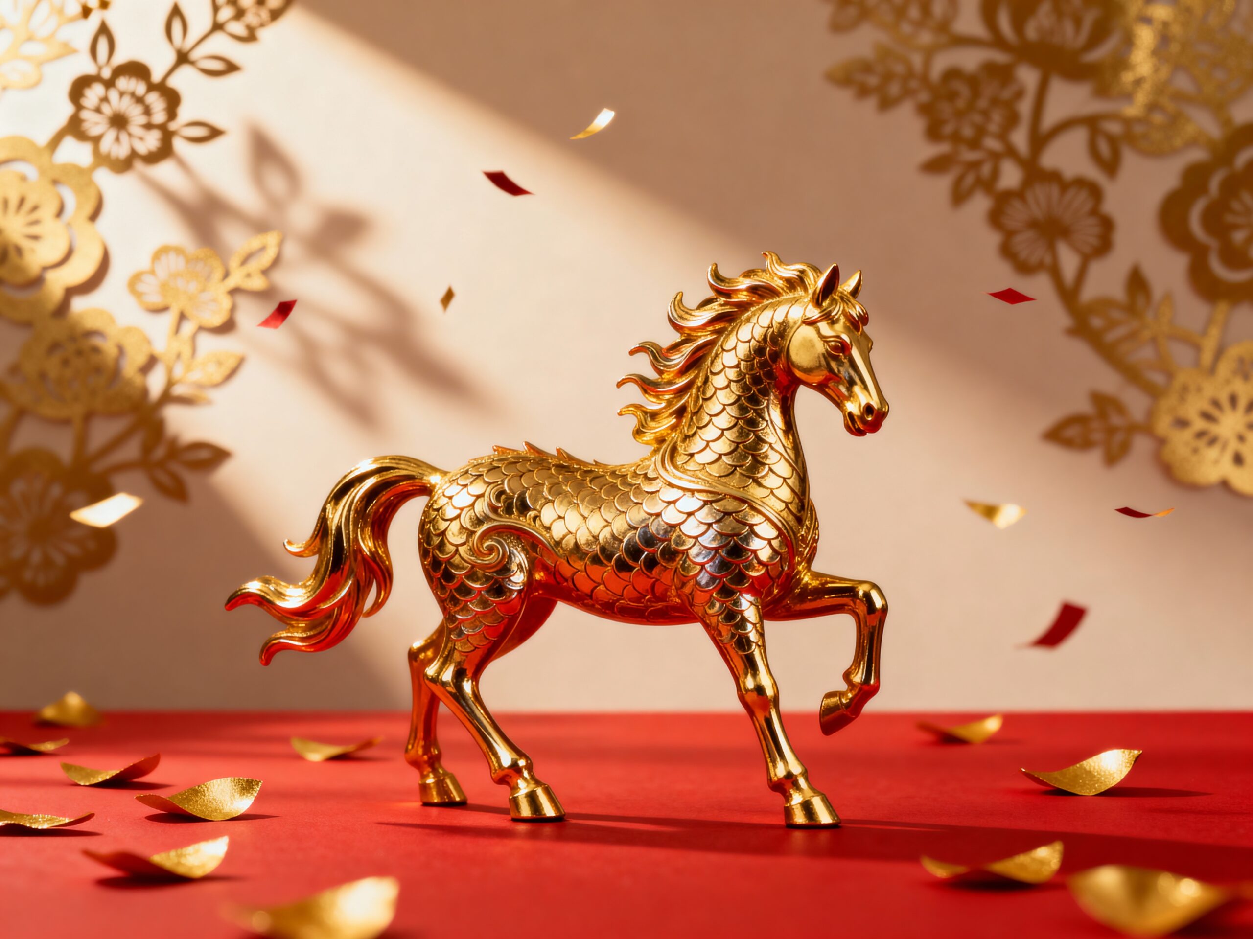 Golden Fire Horse Statue on Red Background – Luxury Chinese New Year Decoration