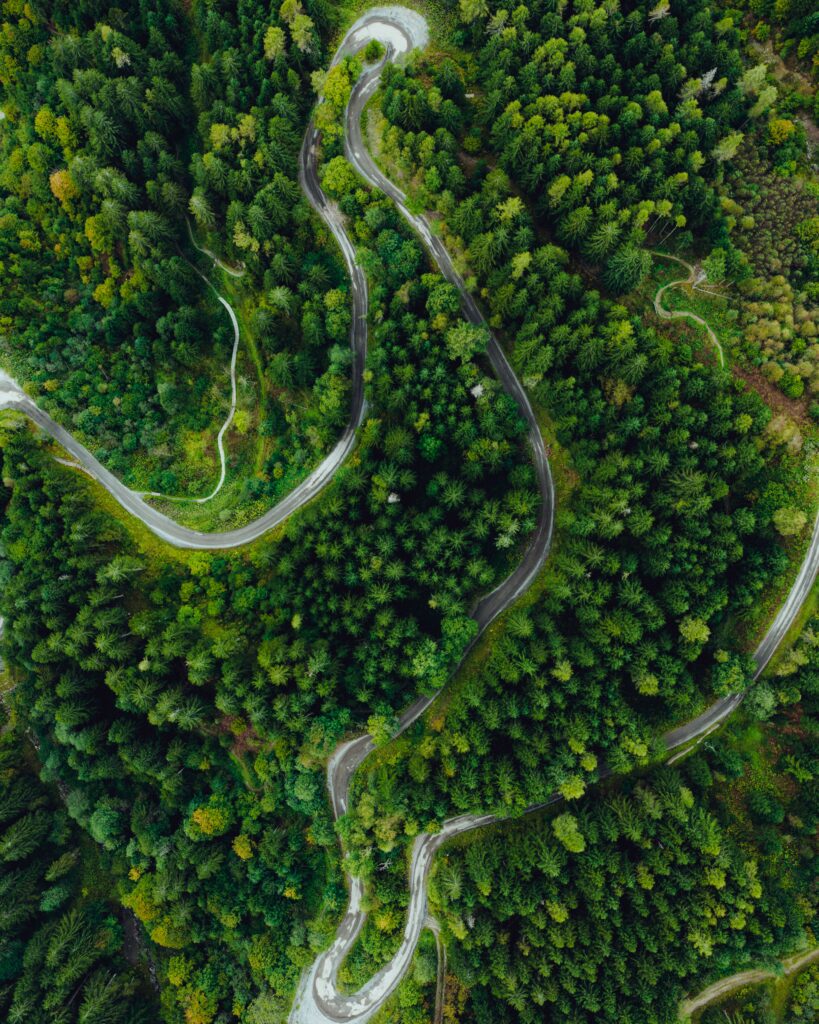 aerial view of the serpentine of a mountain road