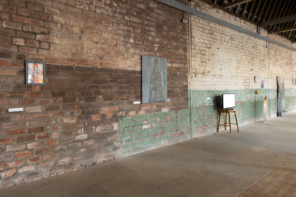 Installation view, The Suspense of Opening Grandma's Mystery Casserole, Strange Field, Glasgow, 2026. Left to right: Luna Winter, Little Miss Chili Pepper, 2023; Margarita Shuvaeva, St. Peter, 2025. Photo: Choin Lee